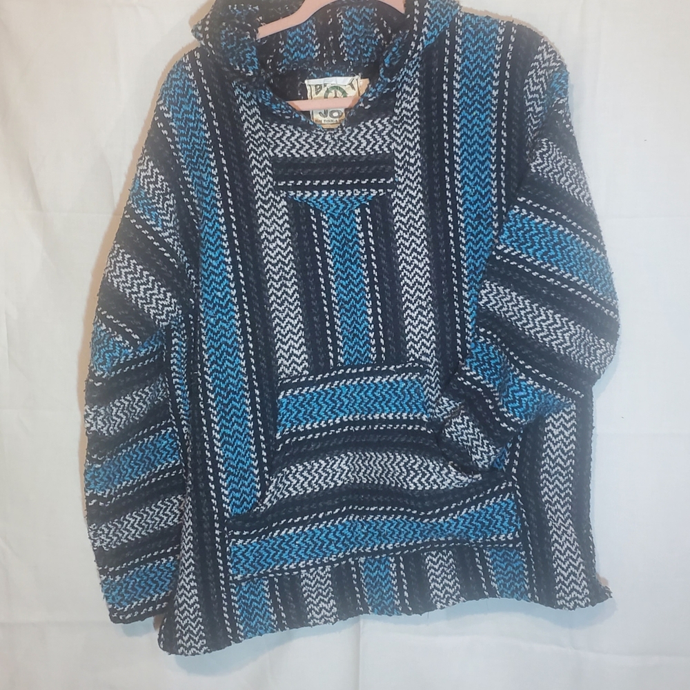 BAJA JOE Unisex XL Poncho Hoodie Knit Hippie Sweater Kangaroo Pocket Surfer Blue